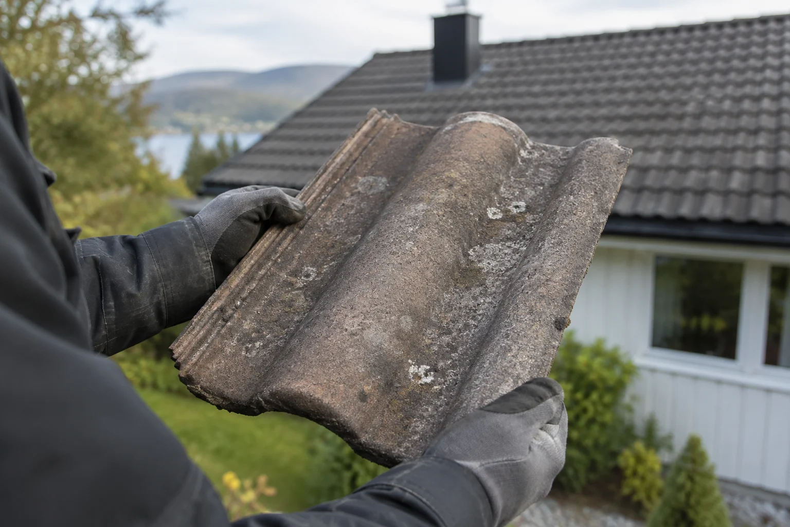 Kontroll av en hel, men værslitt takstein.