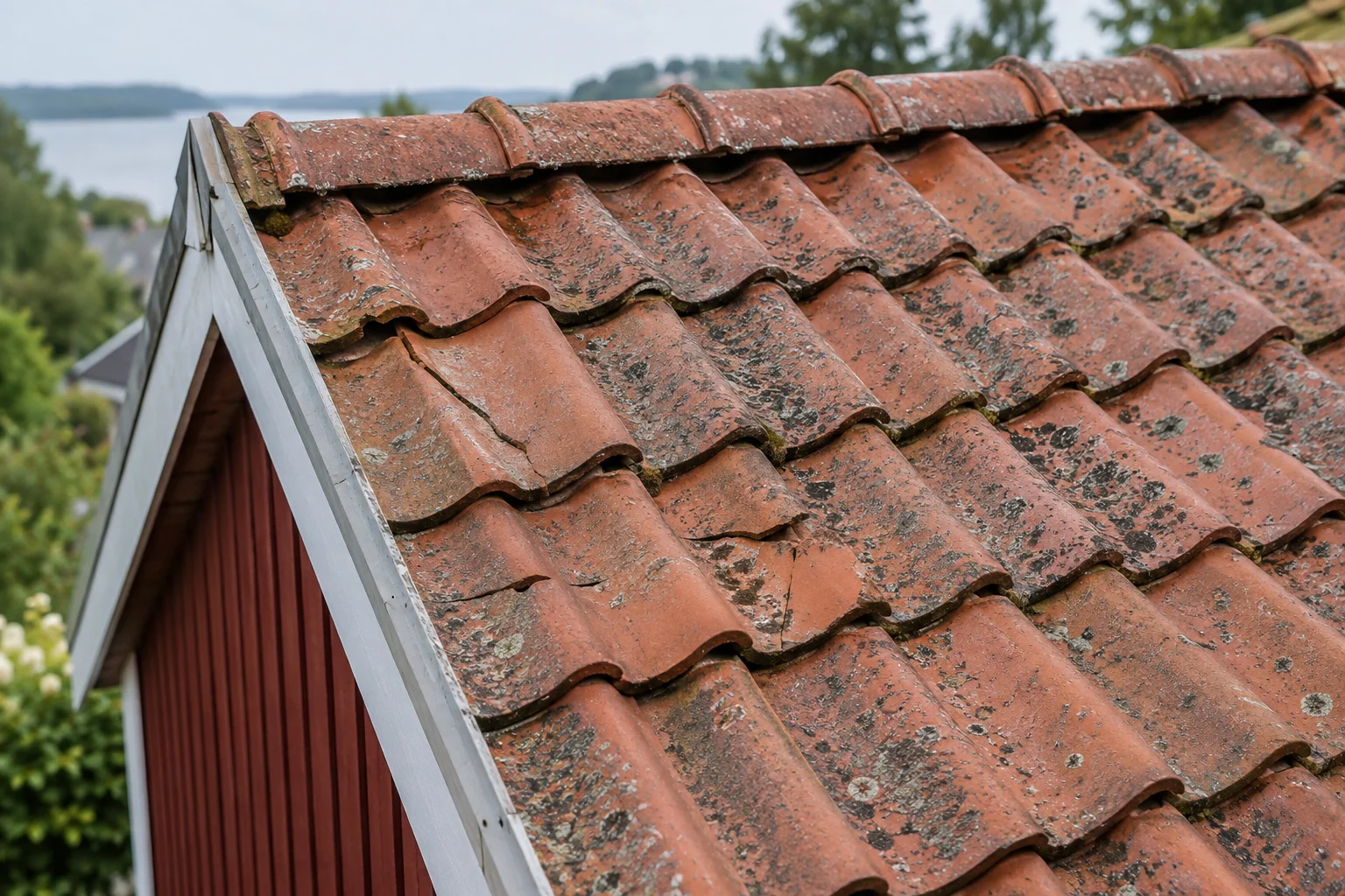 Eldre tegltak med enkelte sprukne takstein.
