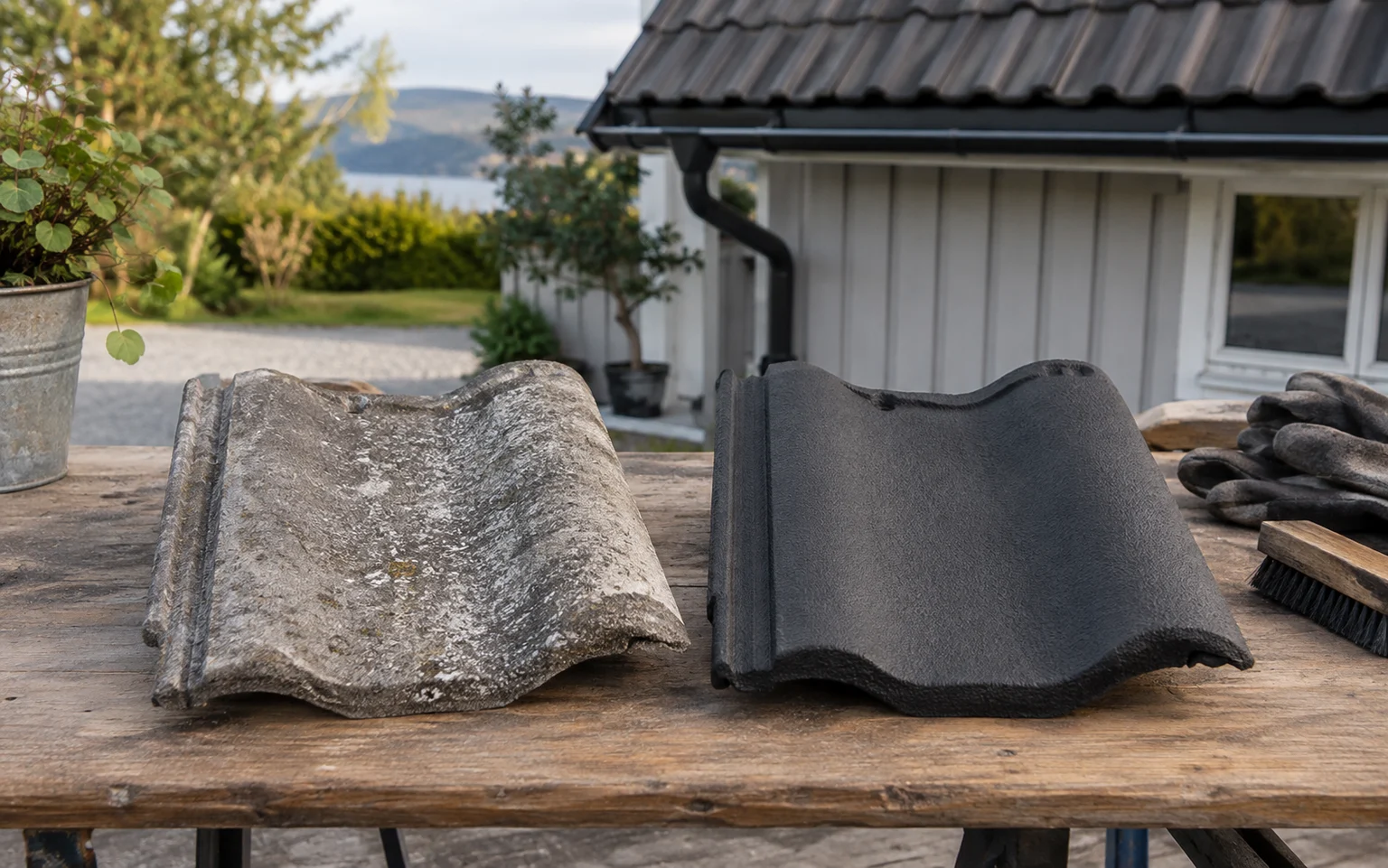 Værslitt takstein ved siden av en mørk, overflatebehandlet prøve.