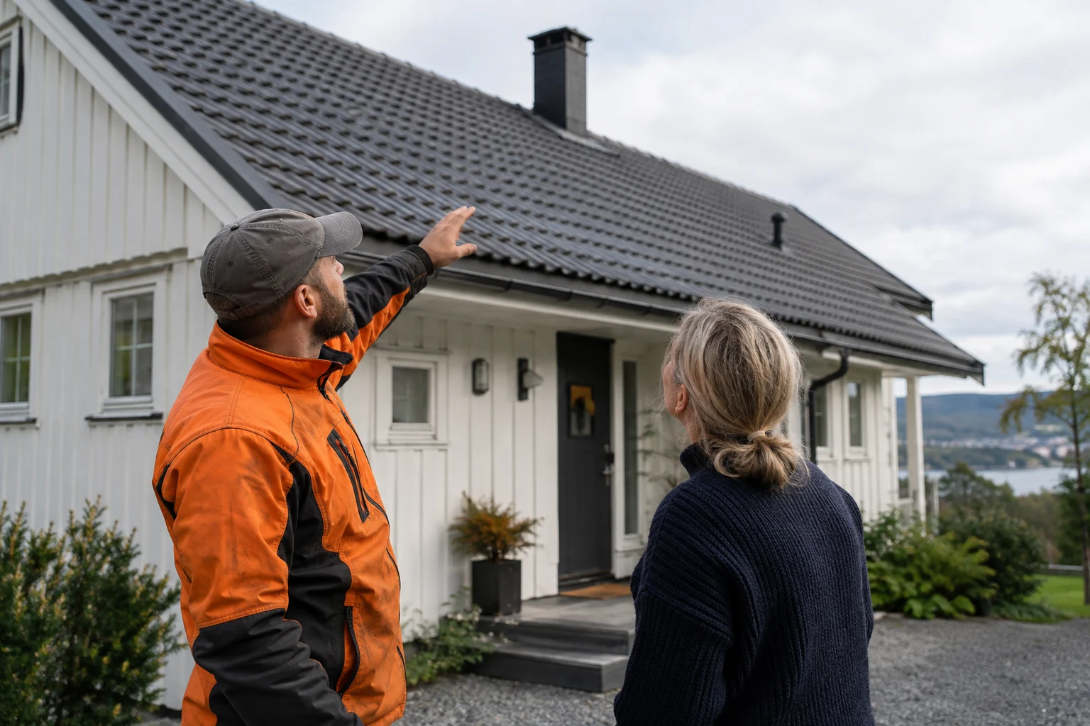Taktekker og huseier ser på taket under en befaring.